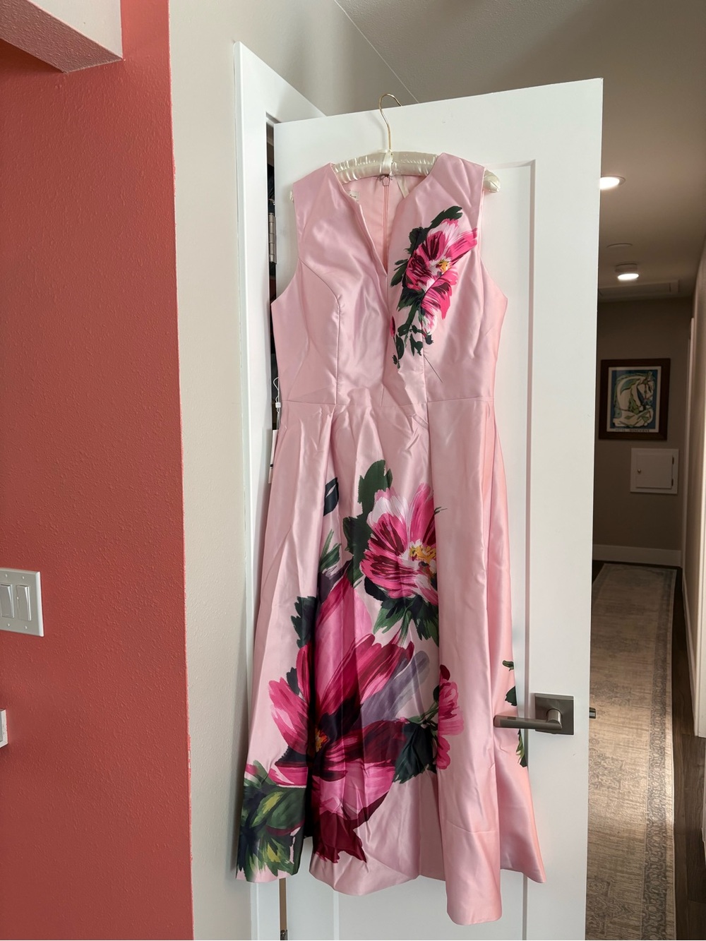 Sleeveless Pink Floral Midi Dress with A-Line Skirt - Picture 3 of 7